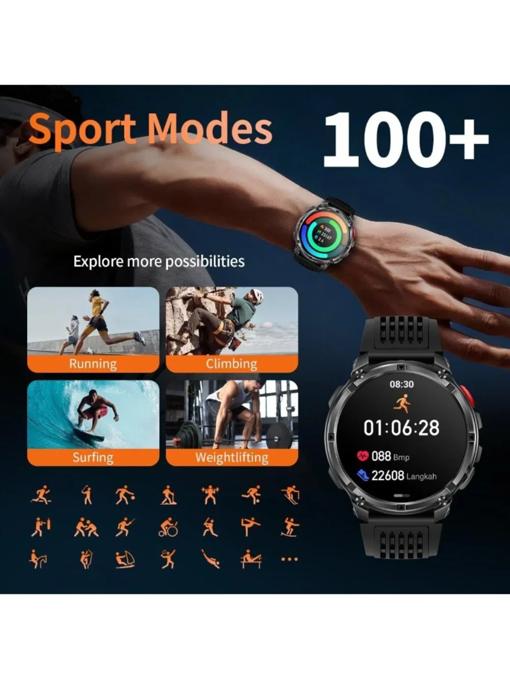 Men's Military Sport Smart Watch - Fitness Tracker, Waterproof, 100+ Modes